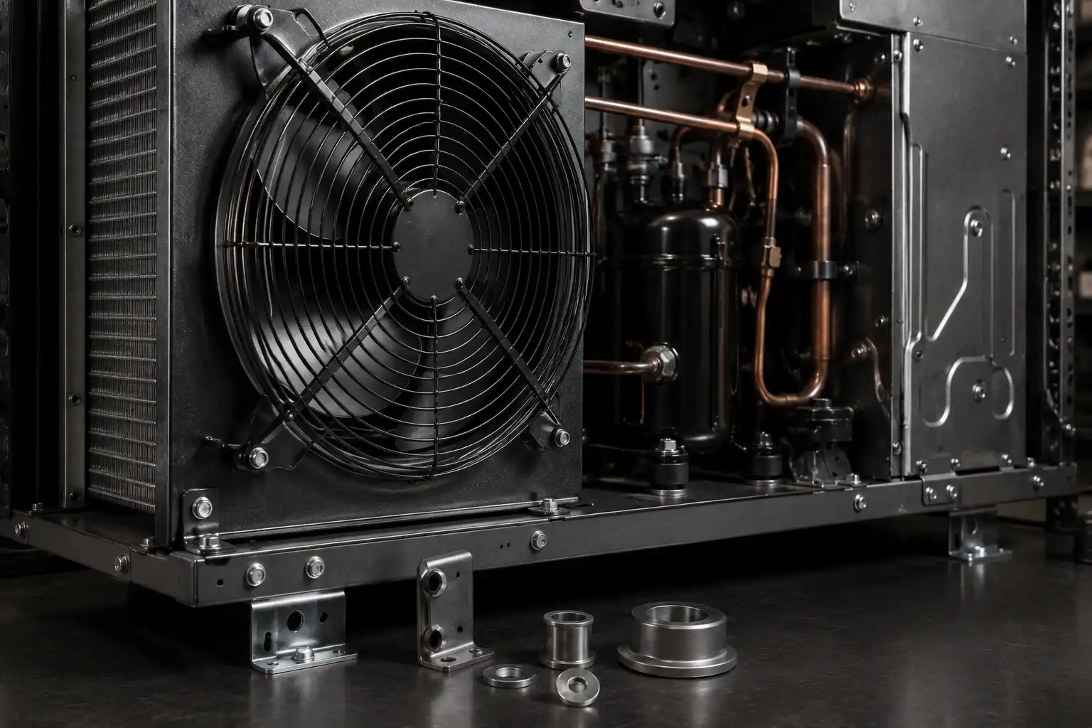 Equipamento de climatização e refrigeração com peças metálicas internas e suportes